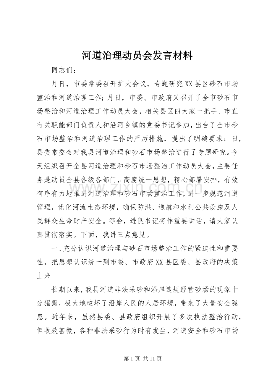 河道治理动员会发言材料.docx_第1页