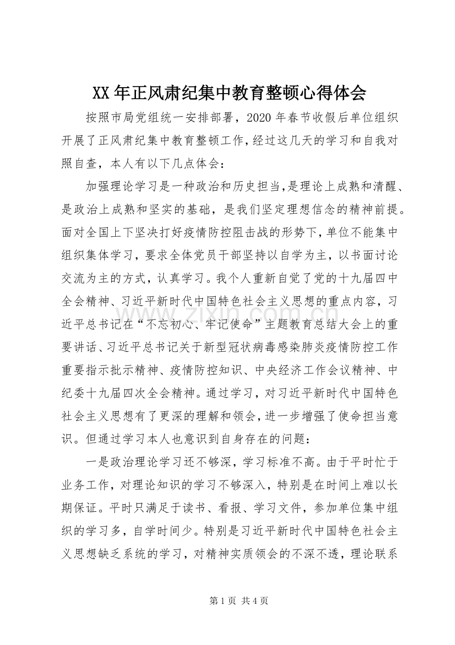 XX年正风肃纪集中教育整顿心得体会.docx_第1页