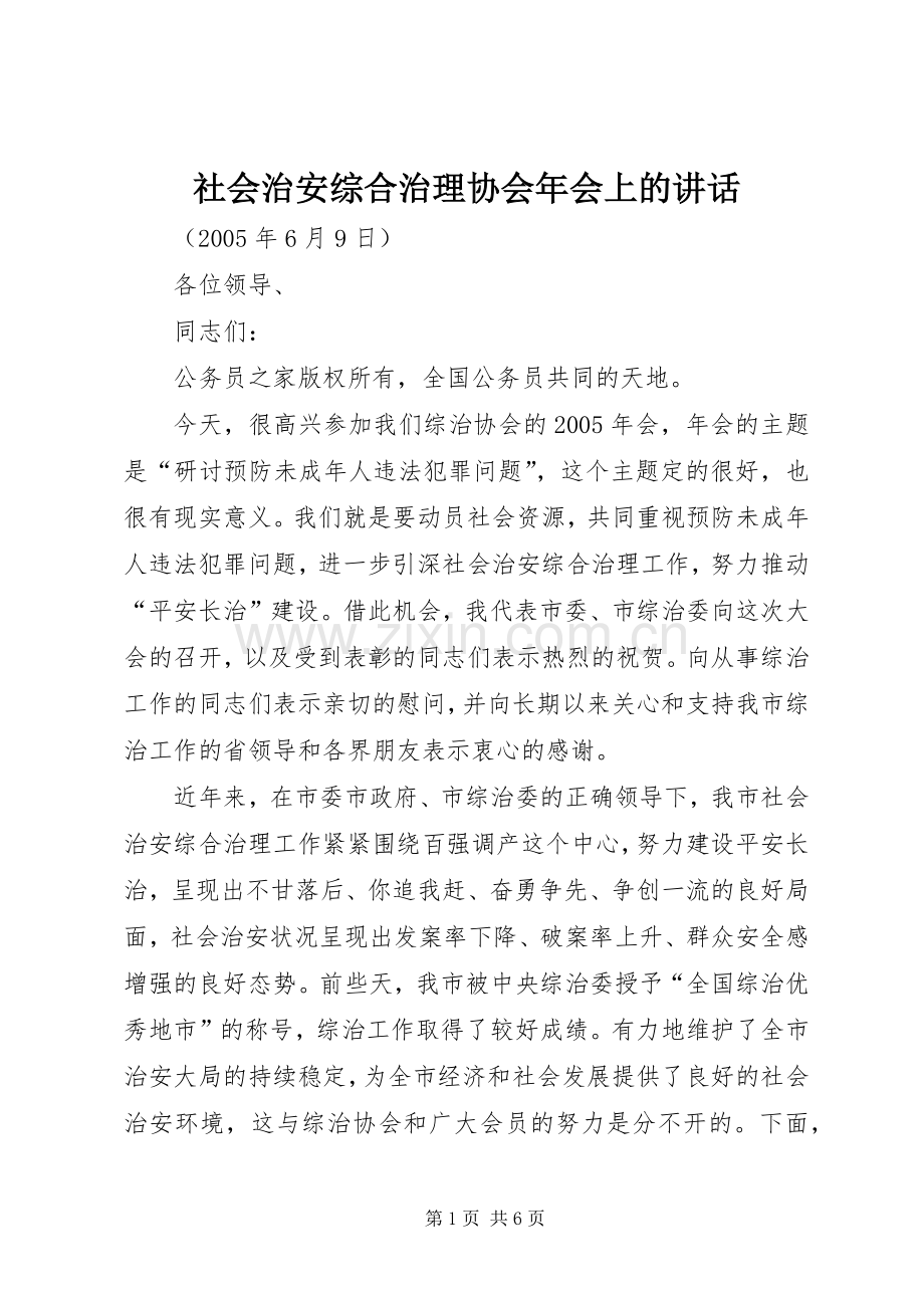 社会治安综合治理协会年会上的讲话.docx_第1页