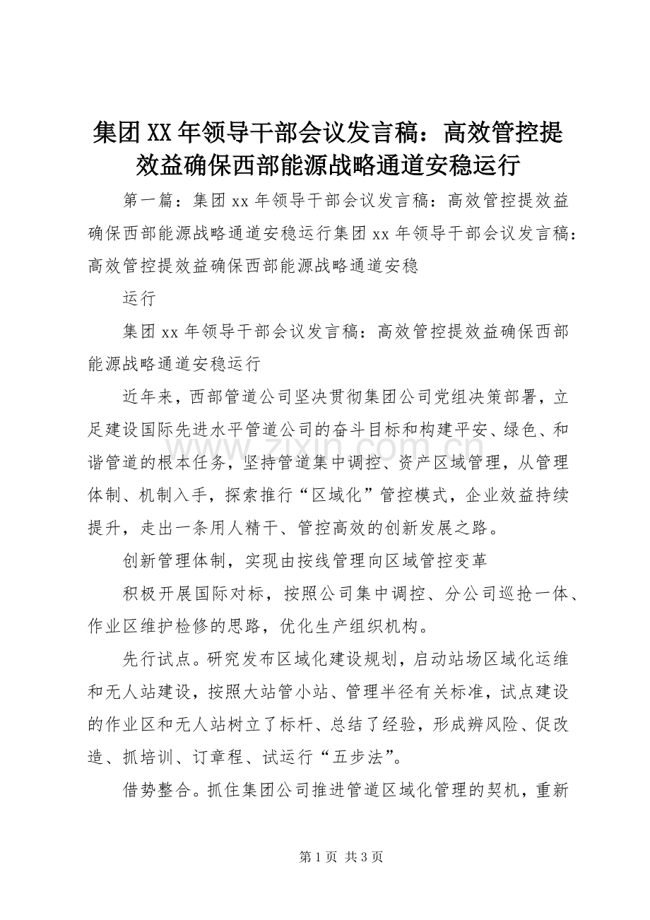 集团XX年领导干部会议发言稿：高效管控提效益确保西部能源战略通道安稳运行.docx_第1页