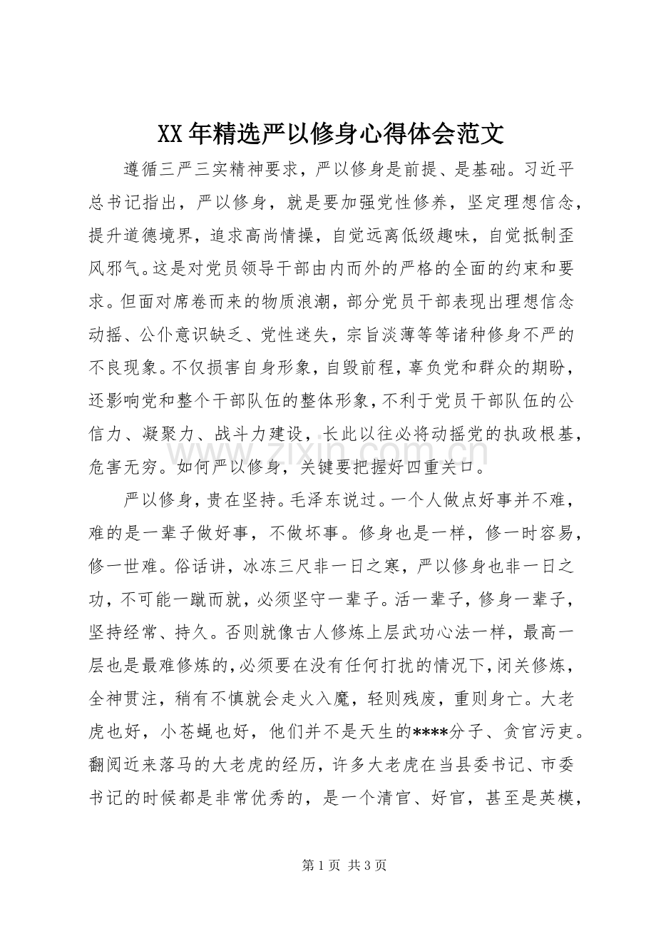 XX年严以修身心得体会范文.docx_第1页