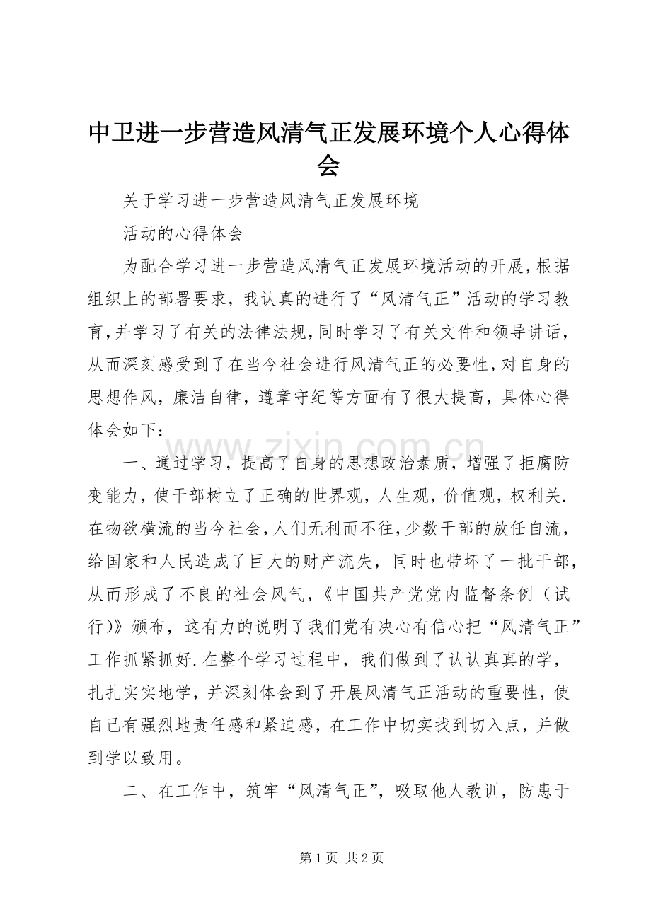 中卫进一步营造风清气正发展环境个人心得体会.docx_第1页