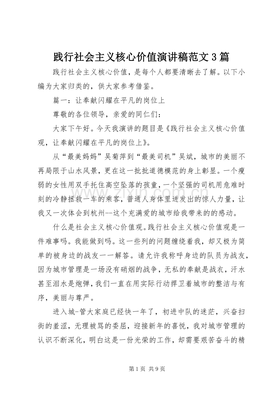 践行社会主义核心价值演讲稿范文3篇.docx_第1页