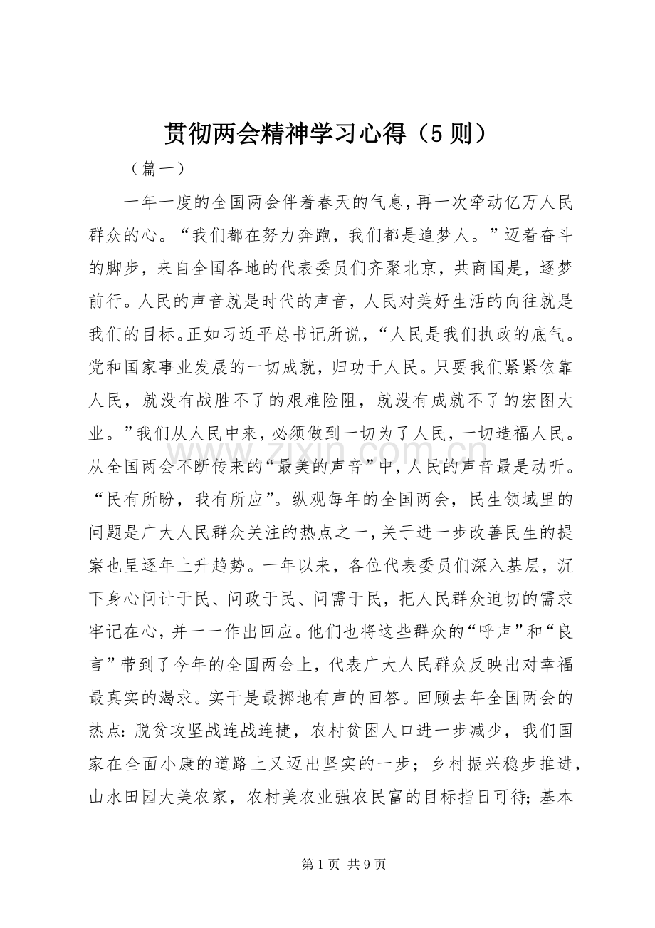 贯彻两会精神学习心得（5则）.docx_第1页