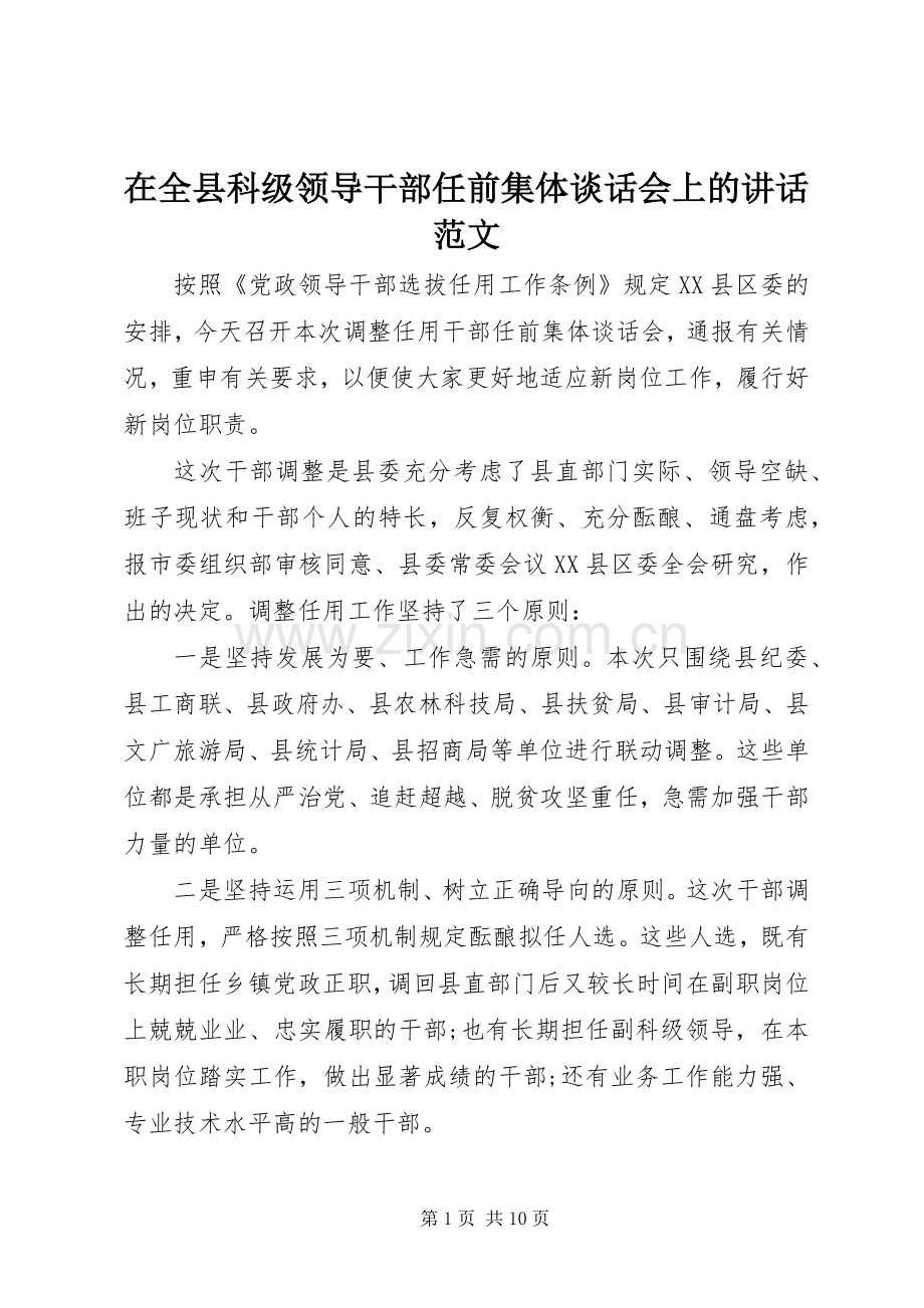 在全县科级领导干部任前集体谈话会上的讲话范文.docx_第1页