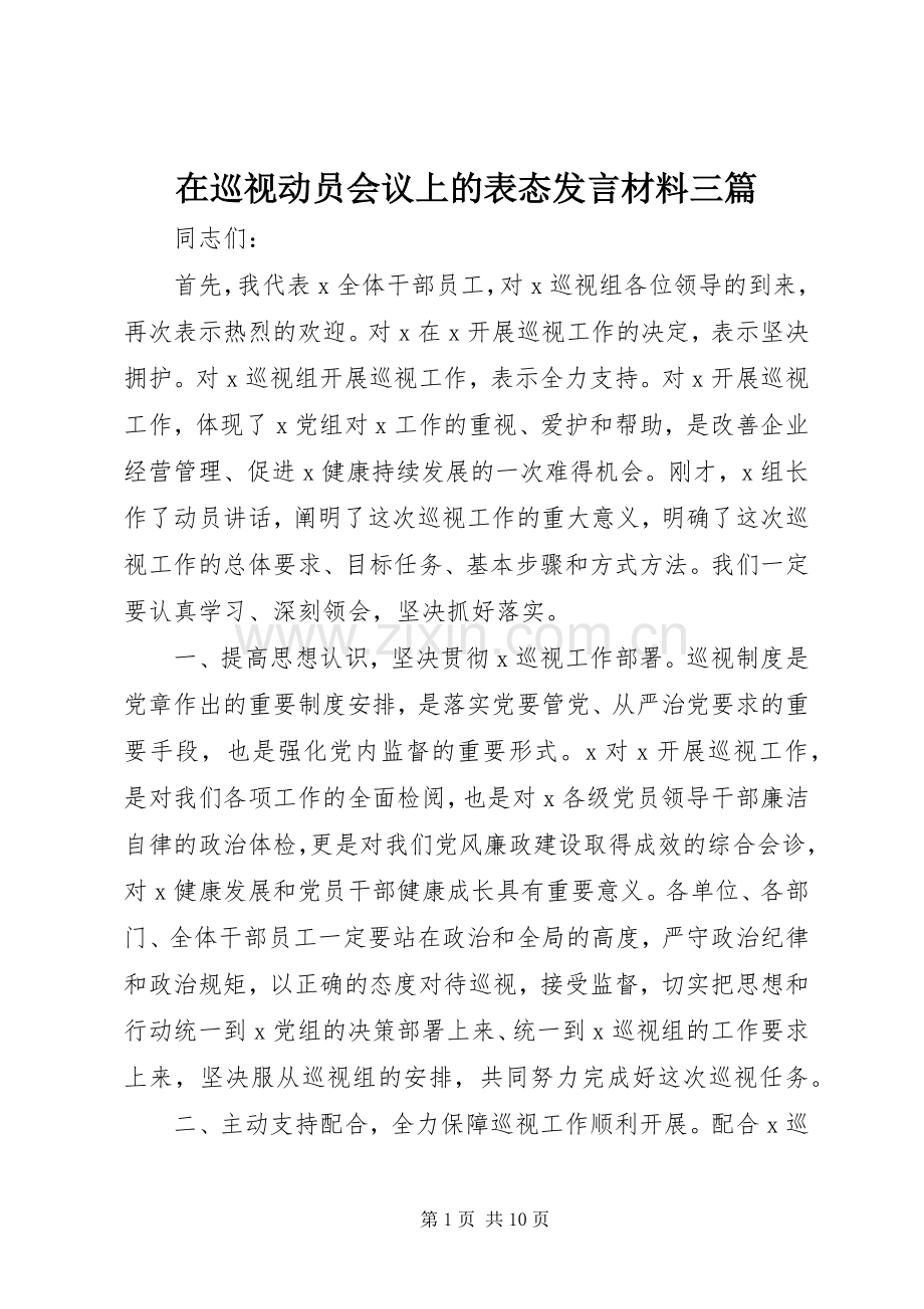 在巡视动员会议上的表态发言材料三篇.docx_第1页