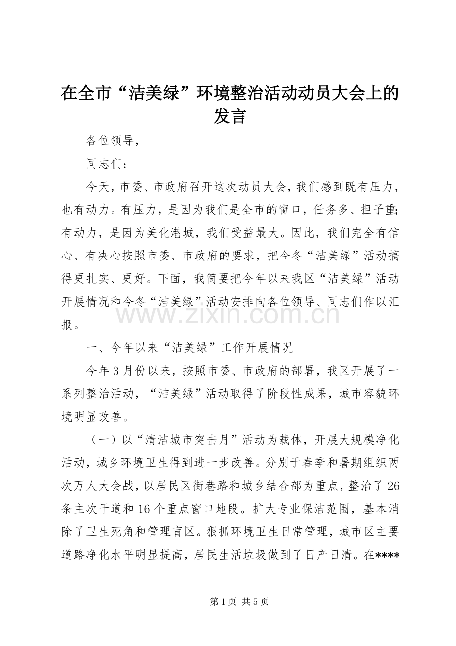 在全市“洁美绿”环境整治活动动员大会上的发言.docx_第1页