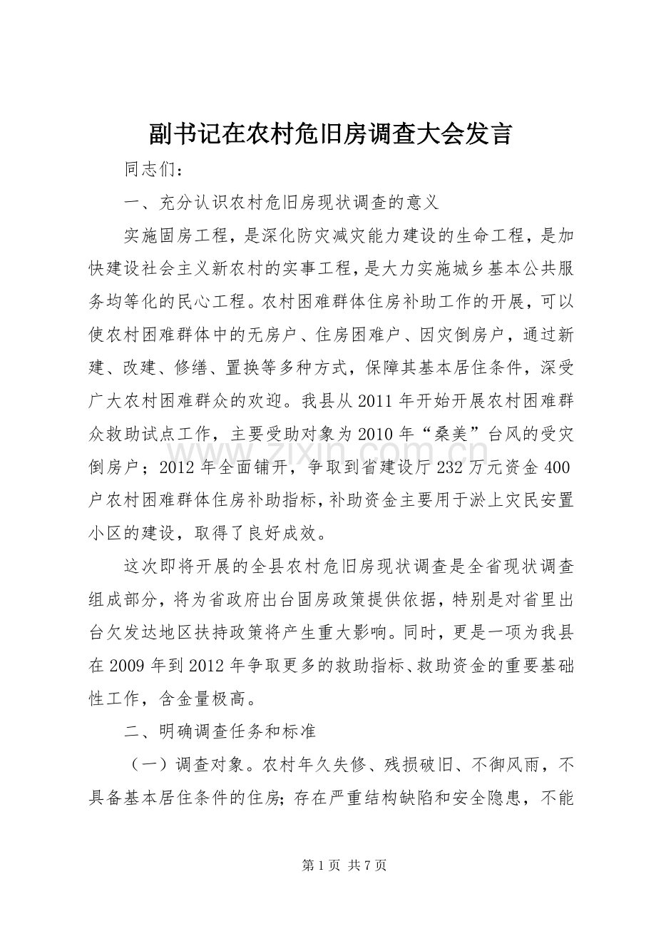 副书记在农村危旧房调查大会发言.docx_第1页