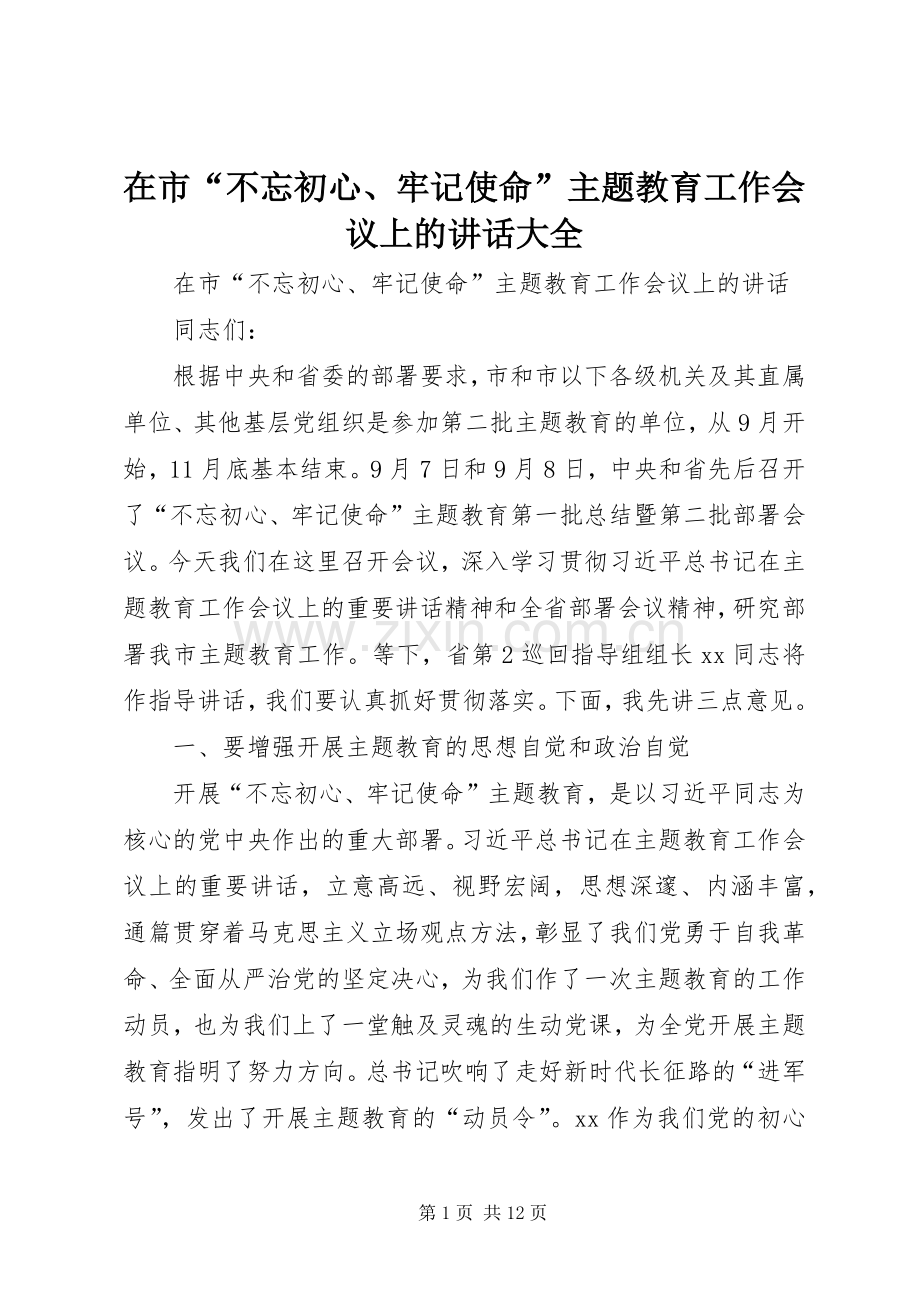 在市“不忘初心、牢记使命”主题教育工作会议上的讲话大全.docx_第1页