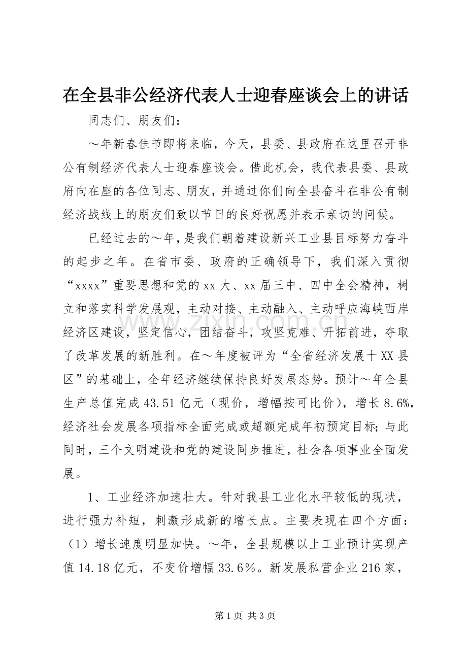 在全县非公经济代表人士迎春座谈会上的讲话.docx_第1页