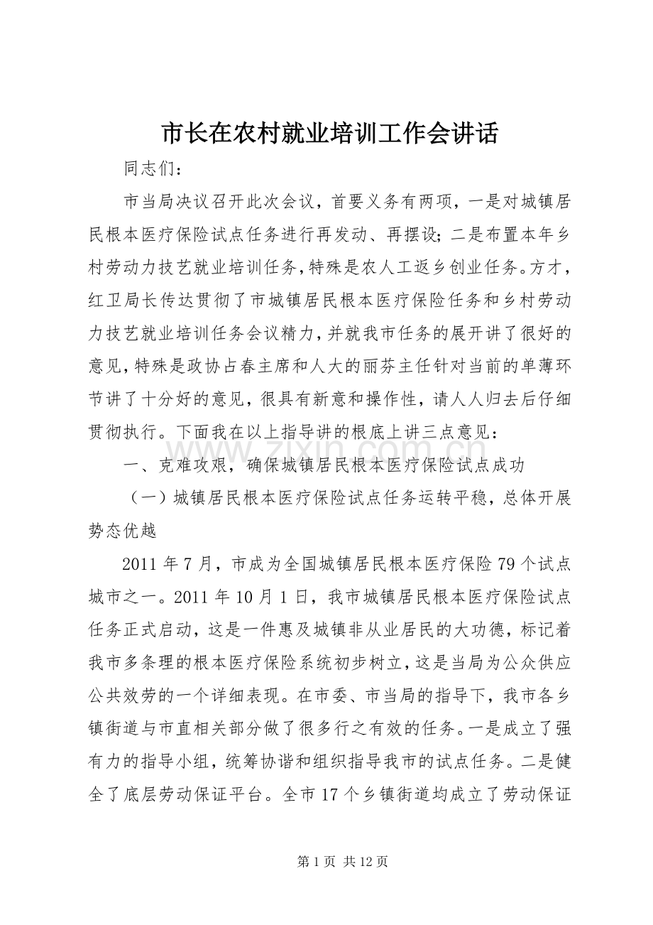 市长在农村就业培训工作会讲话.docx_第1页