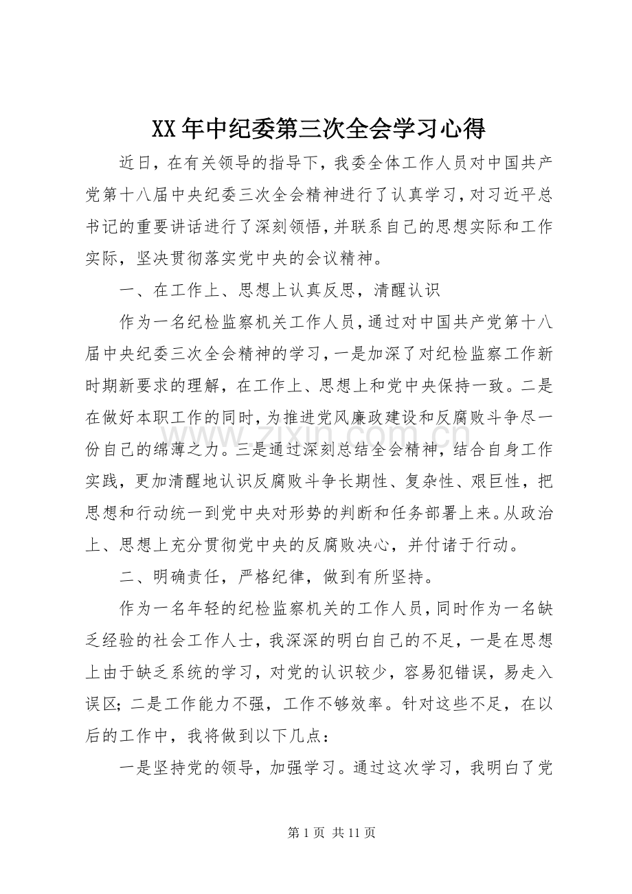 XX年中纪委第三次全会学习心得.docx_第1页