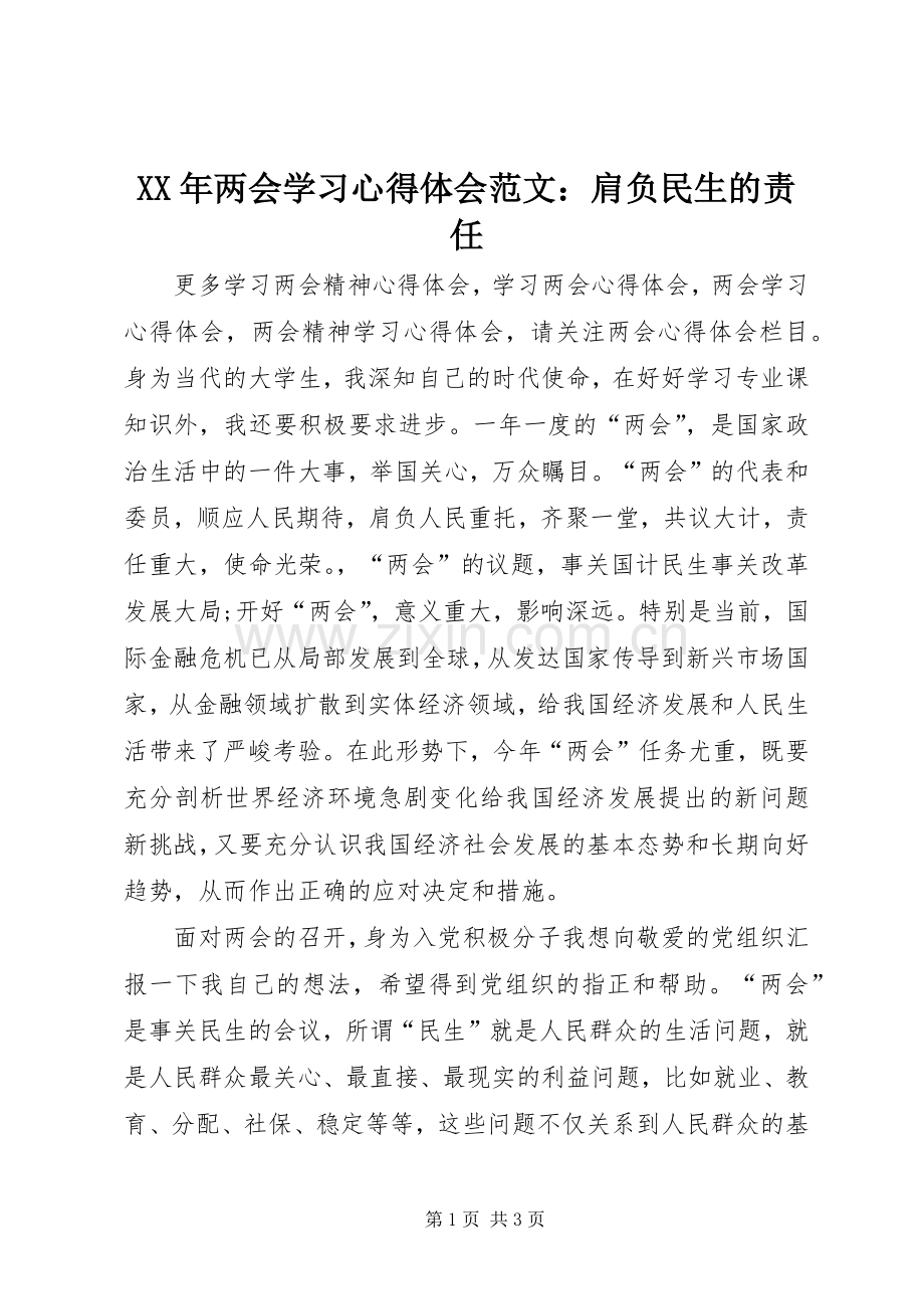 XX年两会学习心得体会范文：肩负民生的责任.docx_第1页