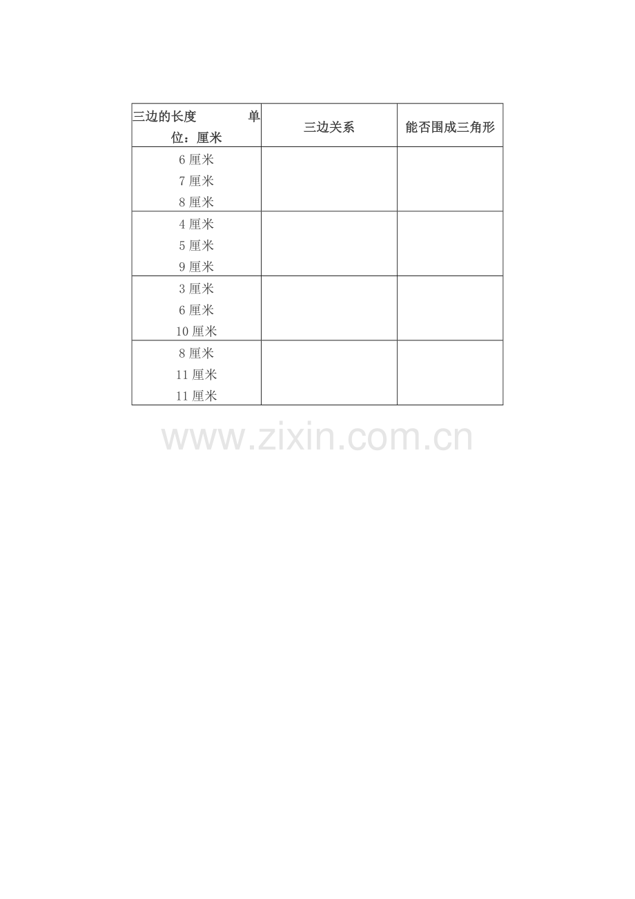 人教2011版小学数学四年级三角形三边的关系实验表格.docx_第1页