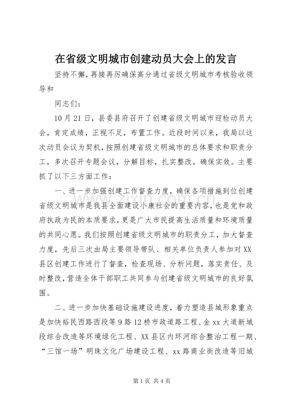 在省级文明城市创建动员大会上的发言.docx_第1页