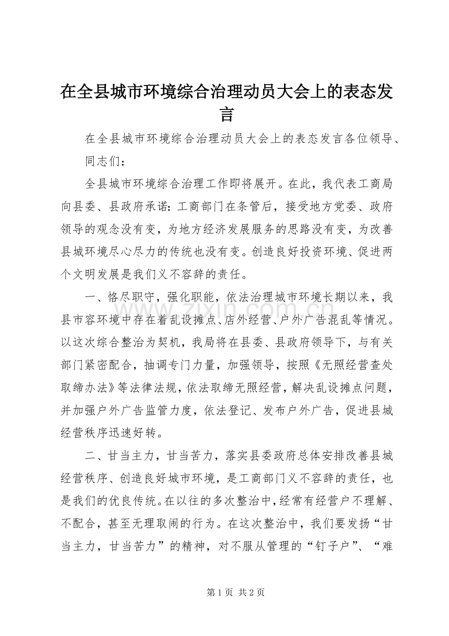 在全县城市环境综合治理动员大会上的表态发言.docx_第1页