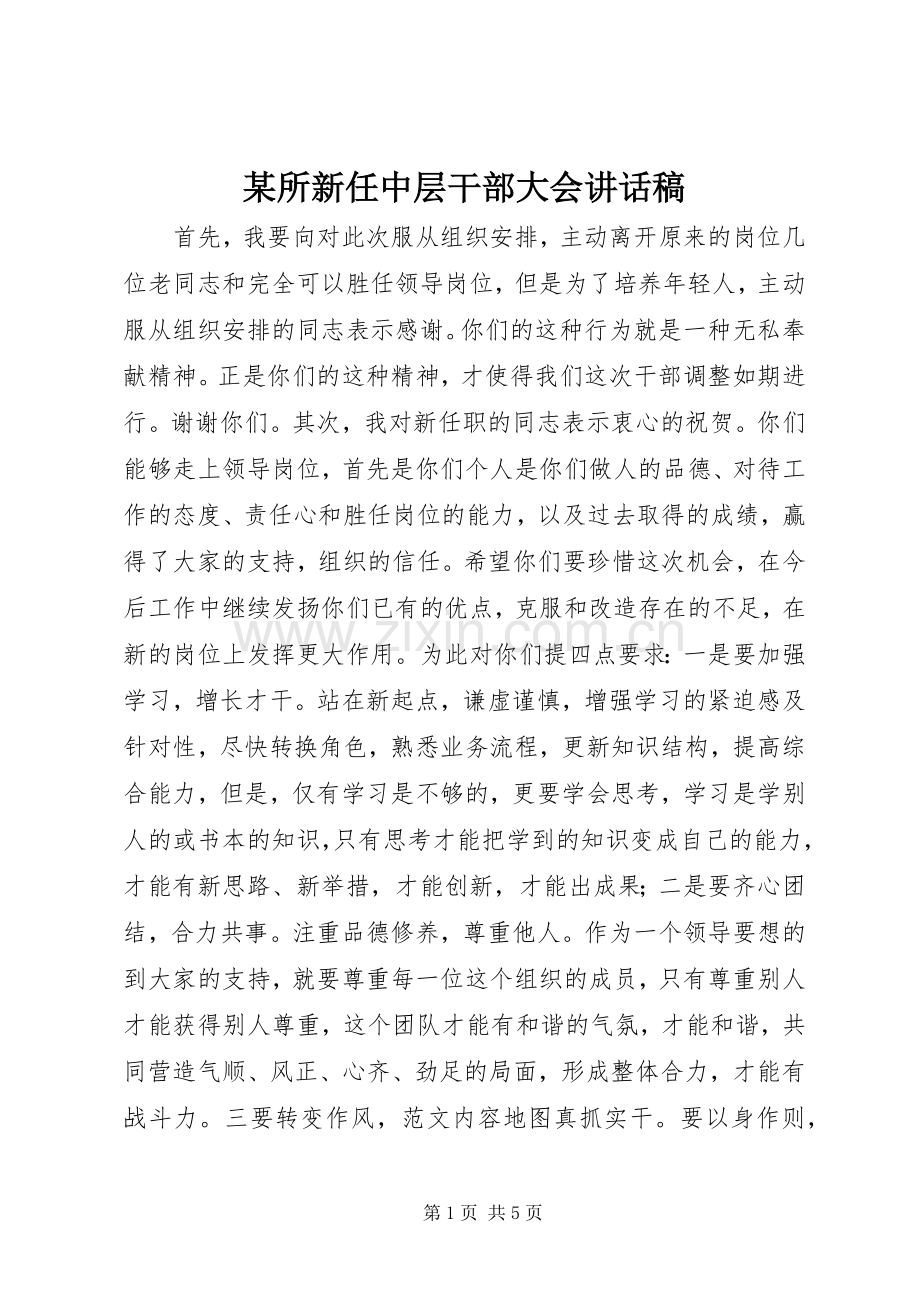 某所新任中层干部大会讲话稿.docx_第1页