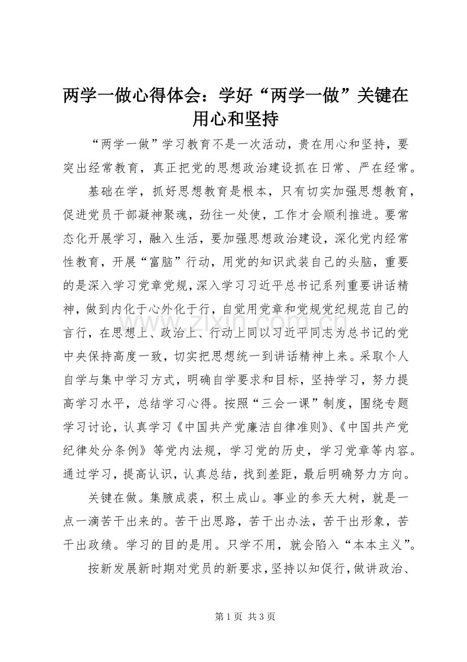 两学一做心得体会：学好“两学一做”关键在用心和坚持.docx_第1页