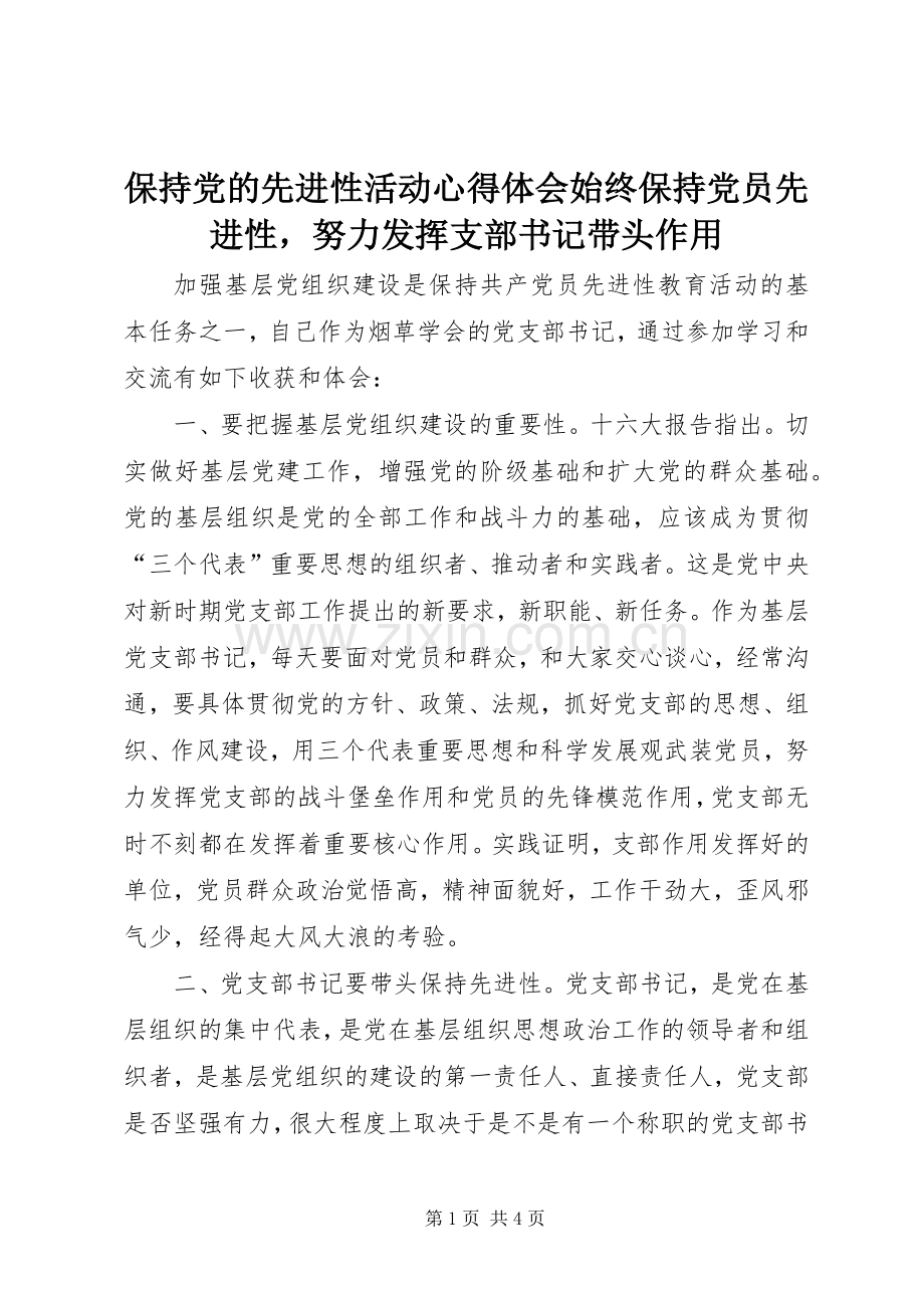 保持党的先进性活动心得体会始终保持党员先进性努力发挥支部书记带头作用.docx_第1页