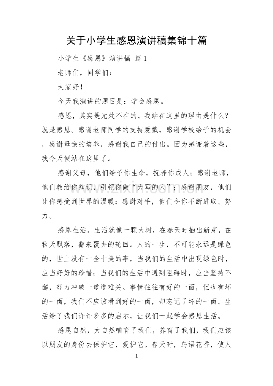 关于小学生感恩演讲稿集锦十篇.docx_第1页