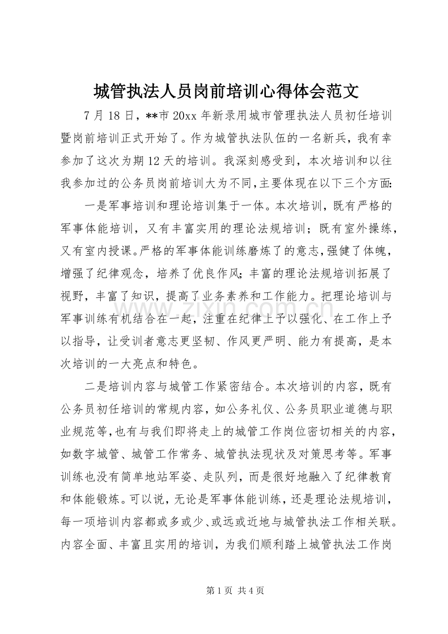 城管执法人员岗前培训心得体会范文.docx_第1页