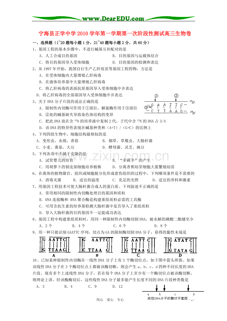 浙江省宁海县正学中学高三生物第一学期第一次阶段性测试.doc_第1页