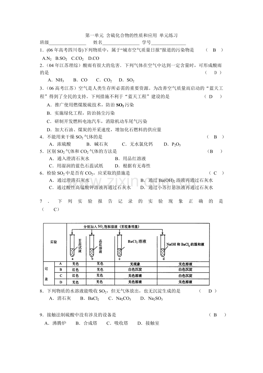 第一单元-含硫化合物的性质和应用单元练习答案.doc_第1页