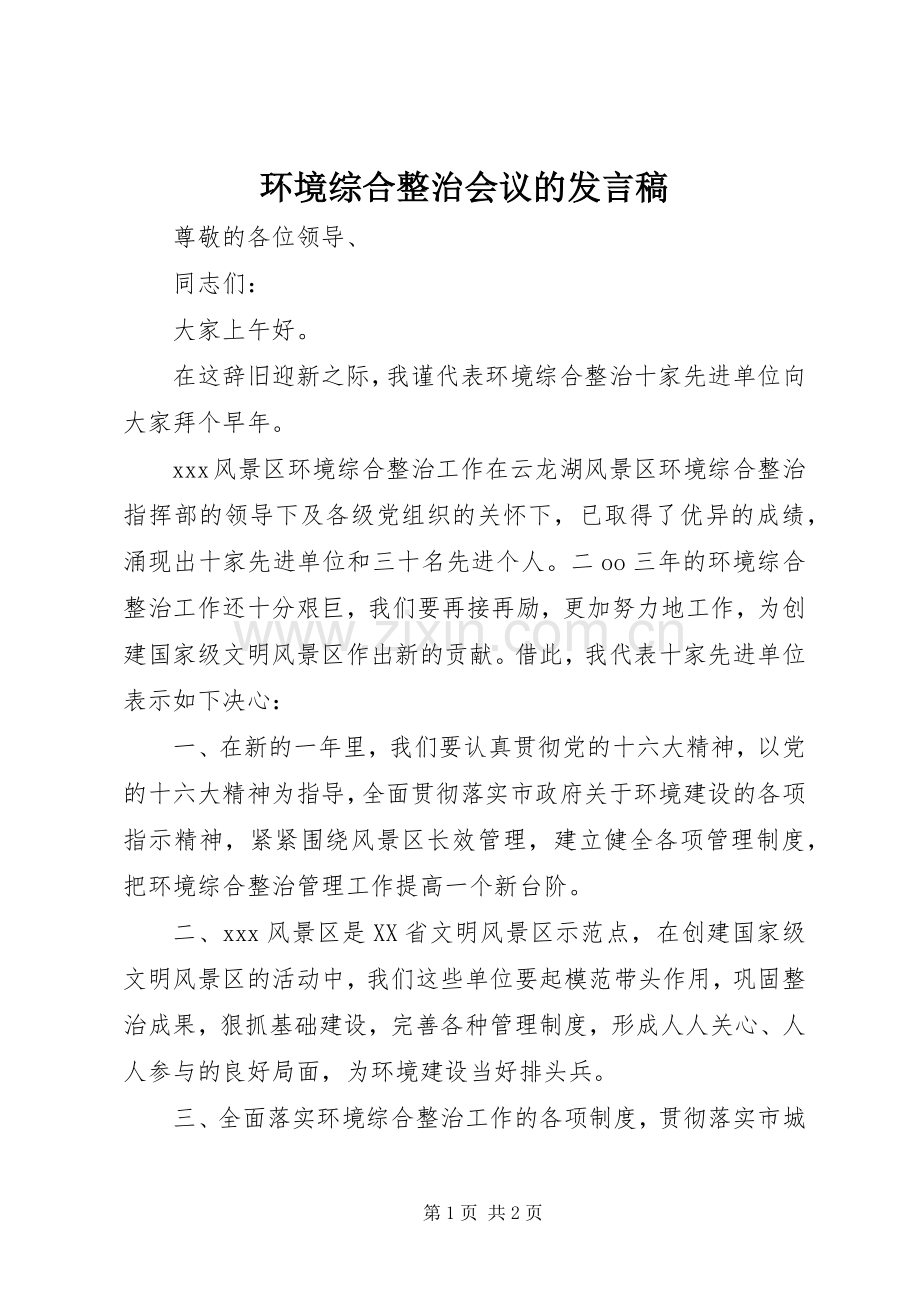 环境综合整治会议的发言稿.docx_第1页