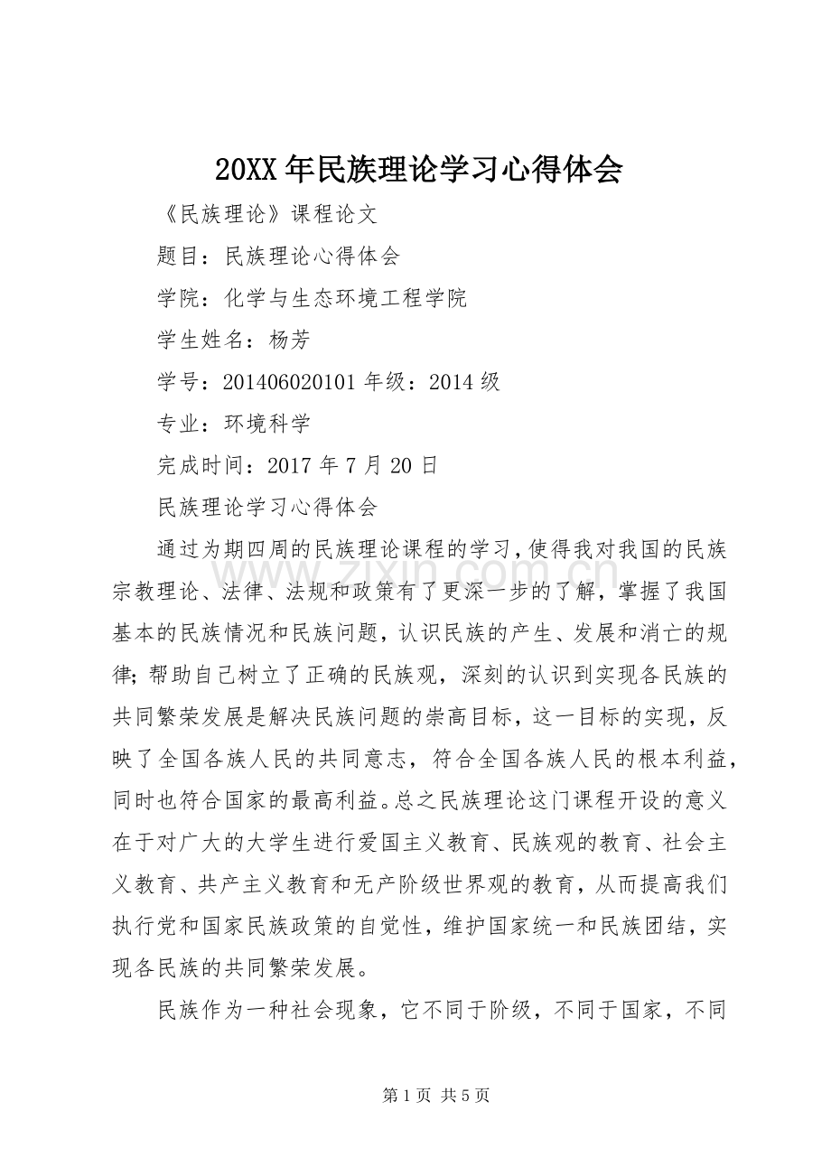 20XX年民族理论学习心得体会.docx_第1页