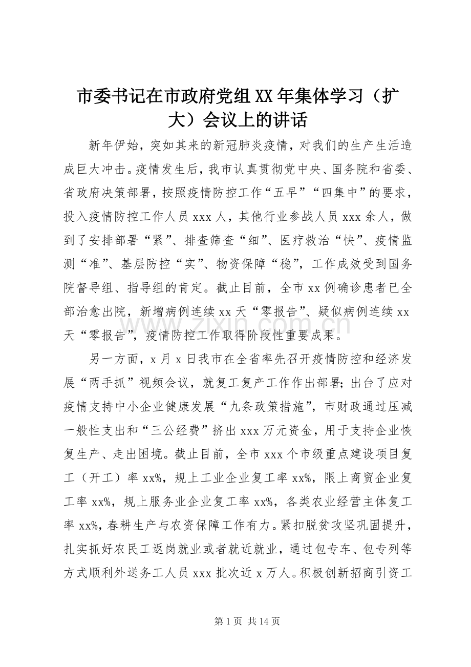 市委书记在市政府党组XX年集体学习（扩大）会议上的讲话.docx_第1页