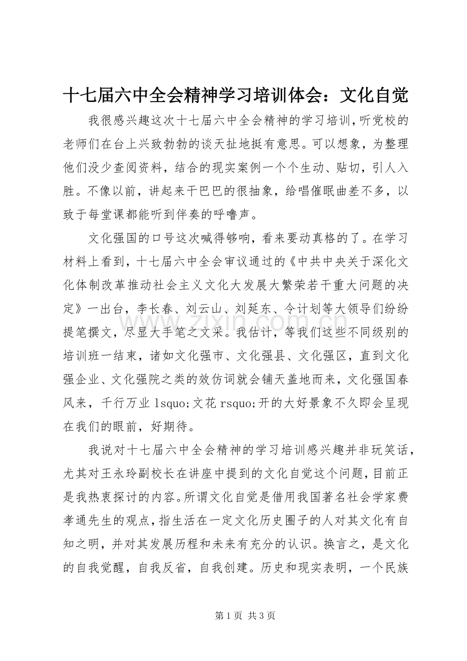 十七届六中全会精神学习培训体会：文化自觉.docx_第1页