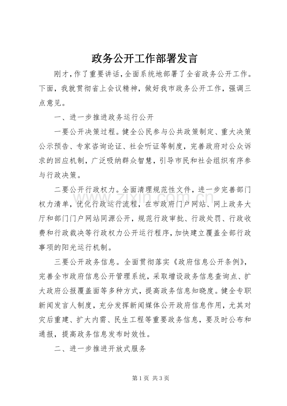 政务公开工作部署发言.docx_第1页