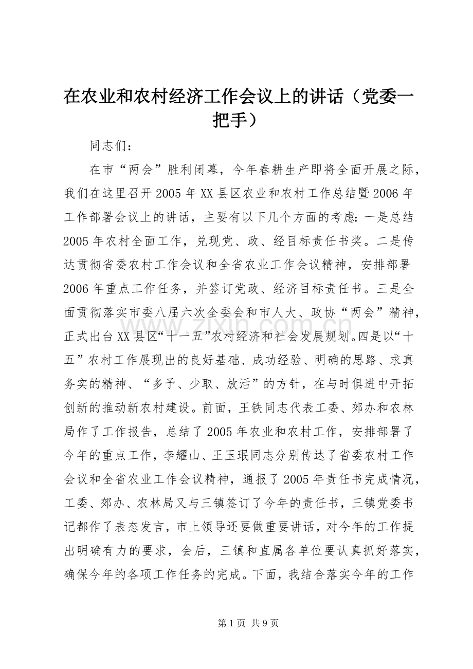 在农业和农村经济工作会议上的讲话（党委一把手）.docx_第1页