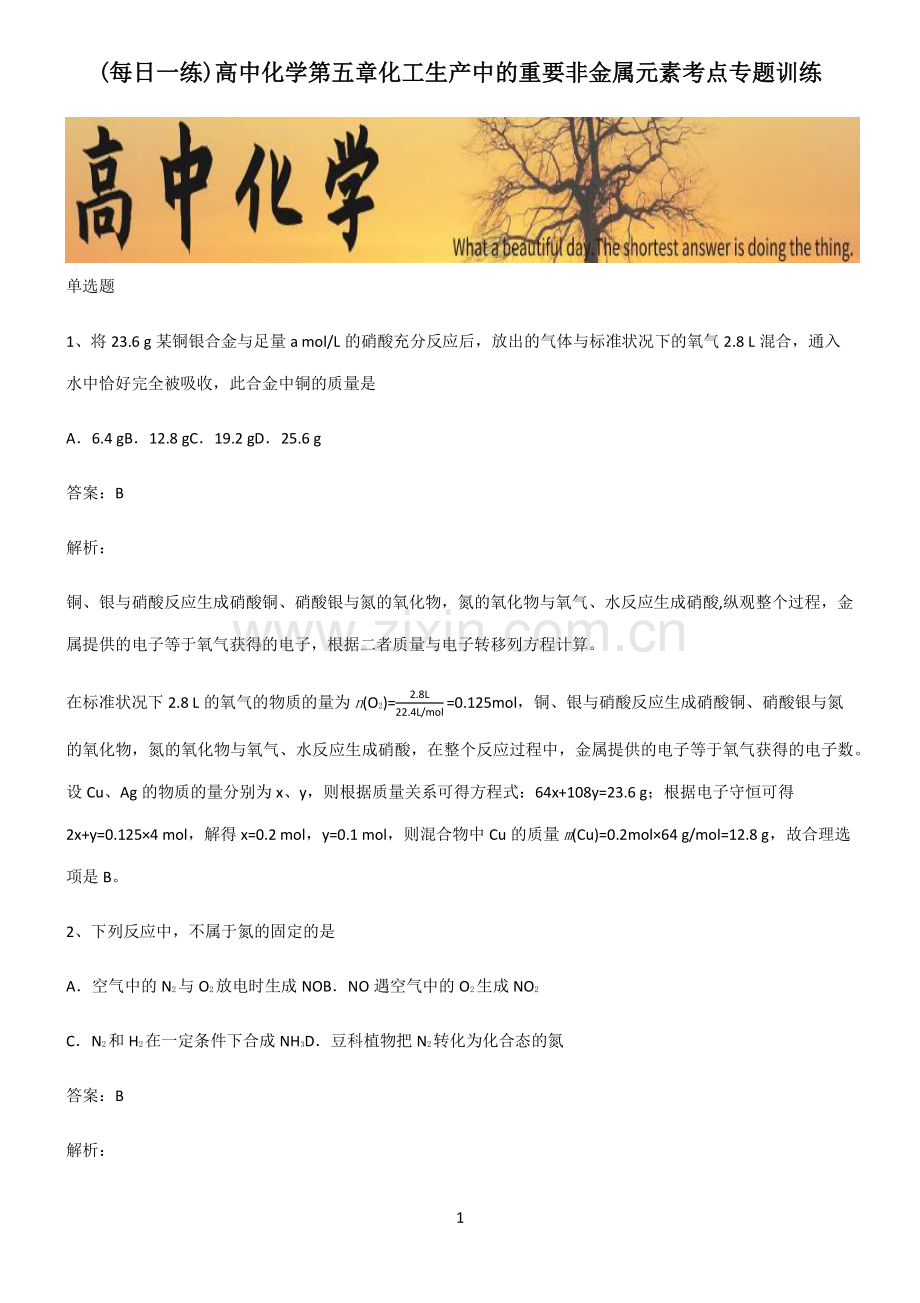 高中化学第五章化工生产中的重要非金属元素考点专题训练.pdf_第1页