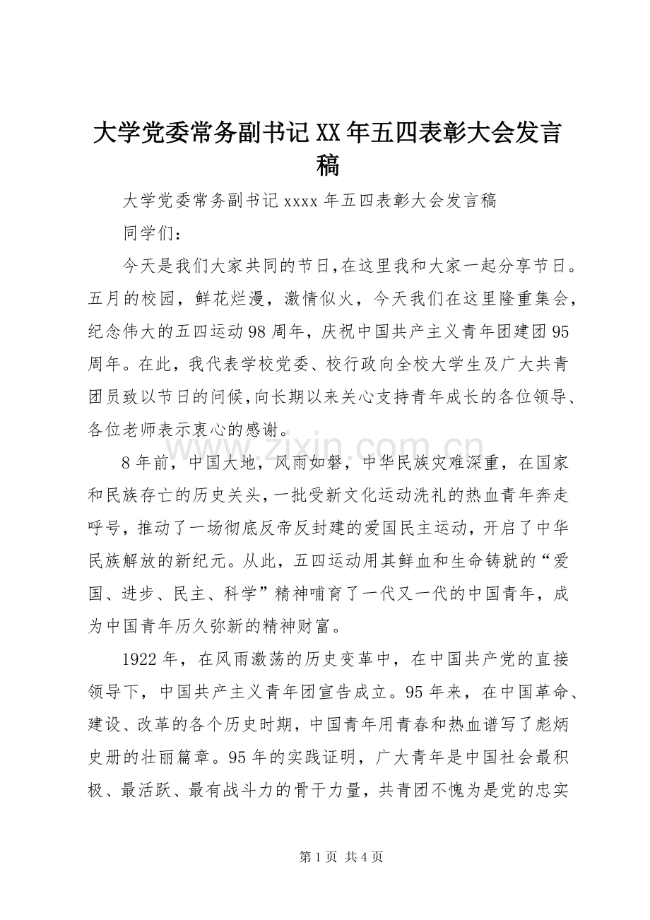 大学党委常务副书记XX年五四表彰大会发言稿.docx_第1页