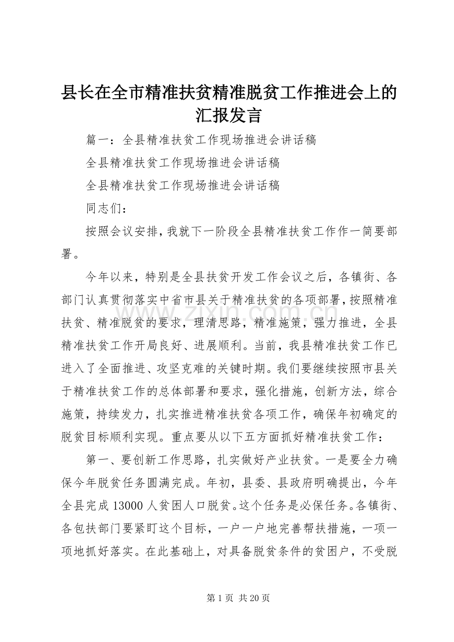 县长在全市精准扶贫精准脱贫工作推进会上的汇报发言.docx_第1页