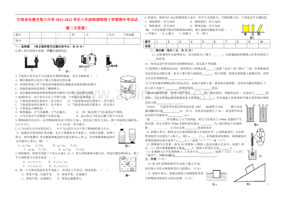 甘肃省张掖市2011-2012学年八年级物理物理下学期期中试题(无答案).doc_第1页