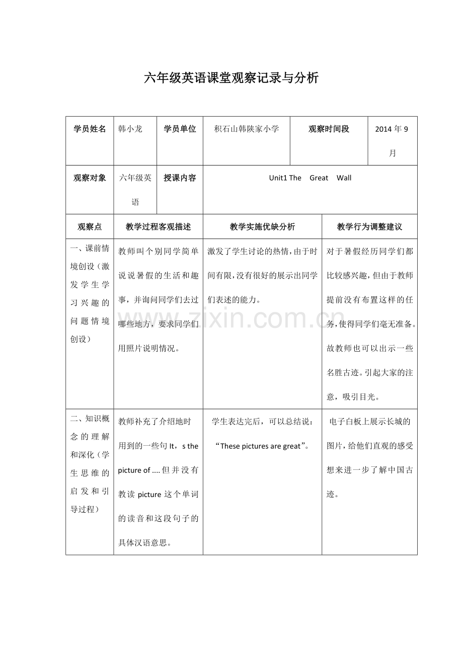 小学英语课堂观察记录与分析.doc_第1页