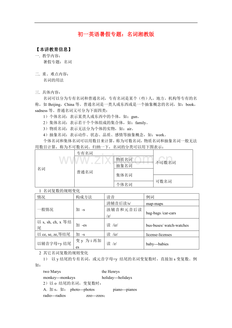 七年级英语暑假专题：名词湘教版.doc_第1页