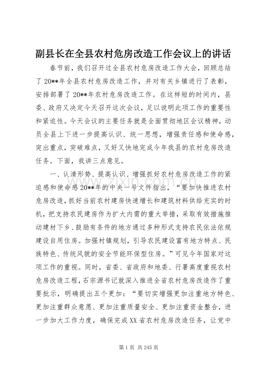 副县长在全县农村危房改造工作会议上的讲话.docx_第1页