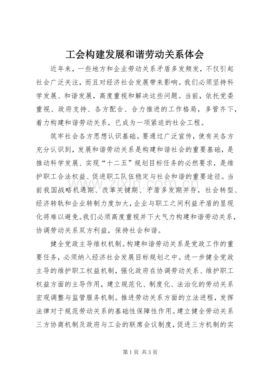 工会构建发展和谐劳动关系体会.docx_第1页