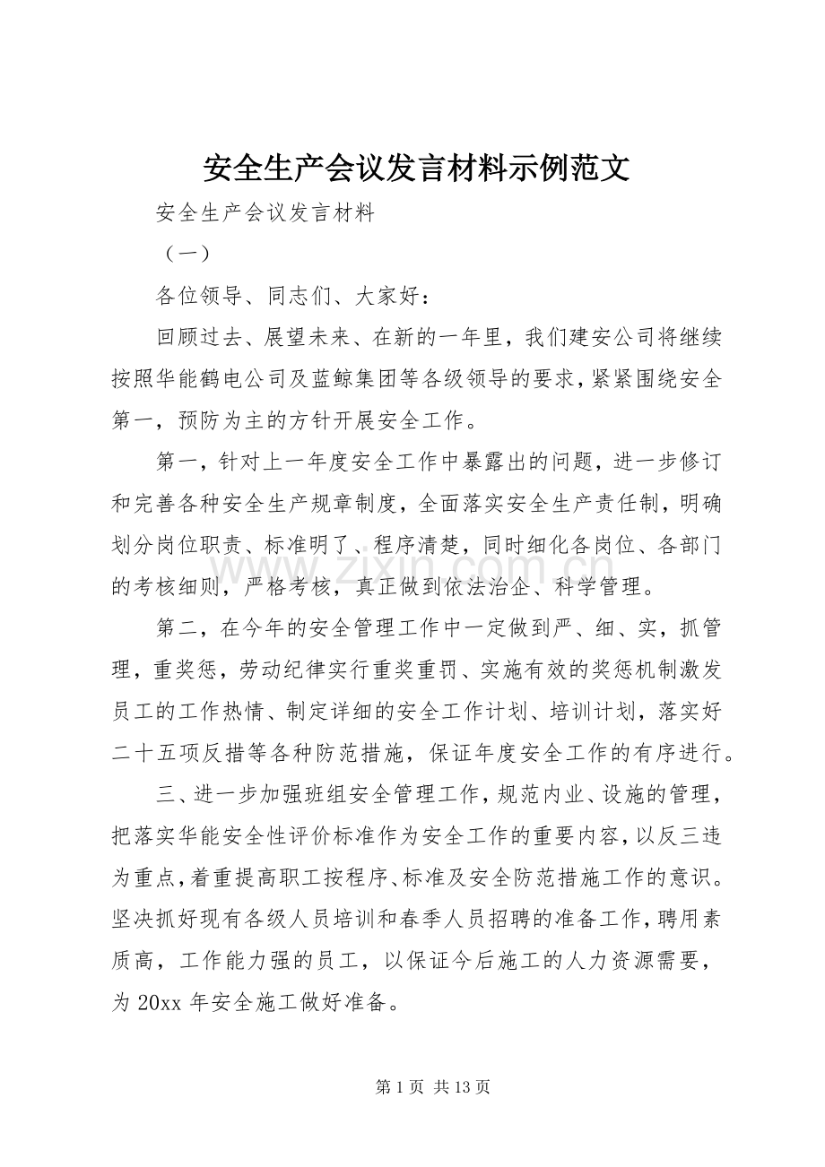 安全生产会议发言材料示例范文.docx_第1页