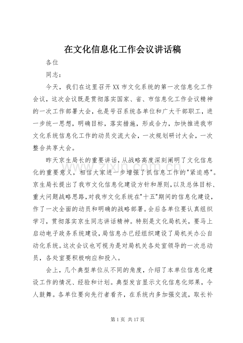 在文化信息化工作会议讲话稿.docx_第1页