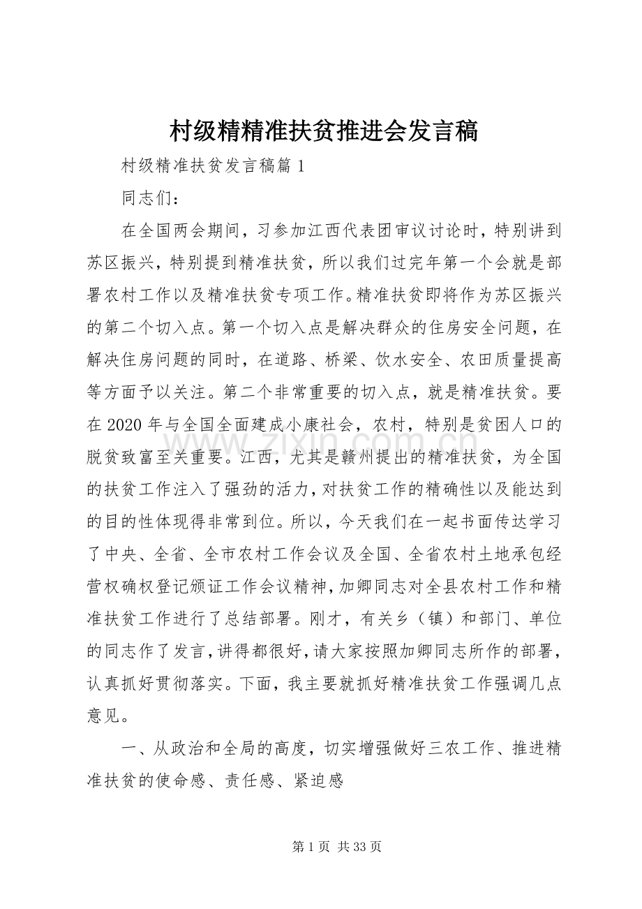 村级精精准扶贫推进会发言稿.docx_第1页