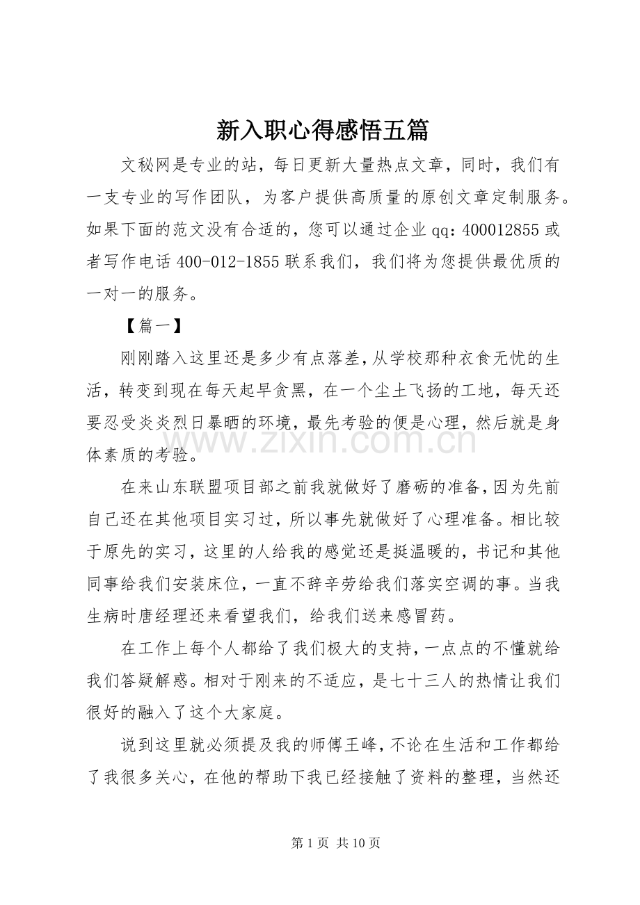 新入职心得感悟五篇.docx_第1页