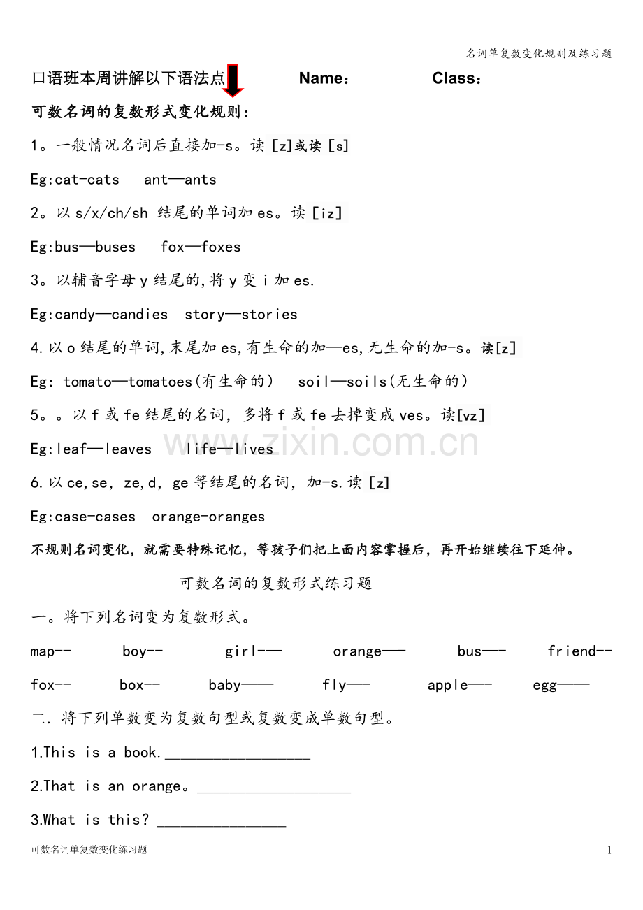 名词单复数变化规则及练习题.doc_第1页