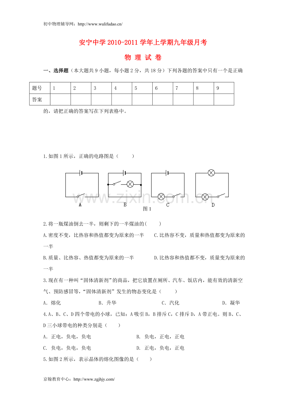 安宁中学2010--2011年年九年级物理月考试题.doc_第1页