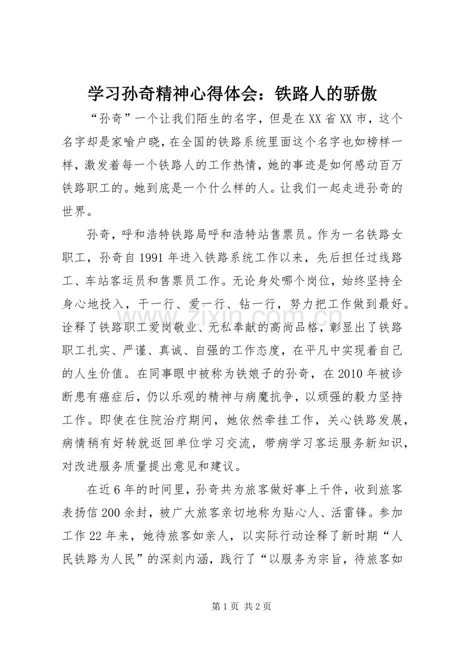 学习孙奇精神心得体会：铁路人的骄傲.docx_第1页