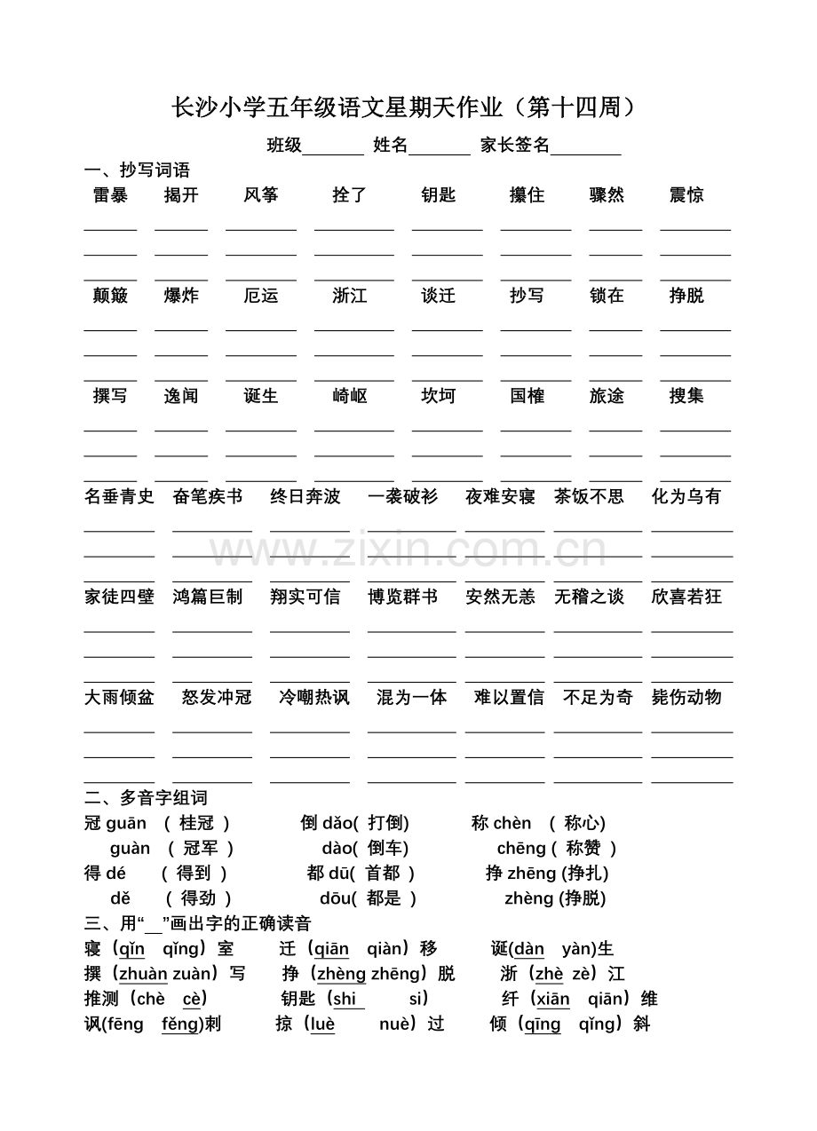 十四周长沙小学五年级语文星期天作业(第十四周).doc_第1页