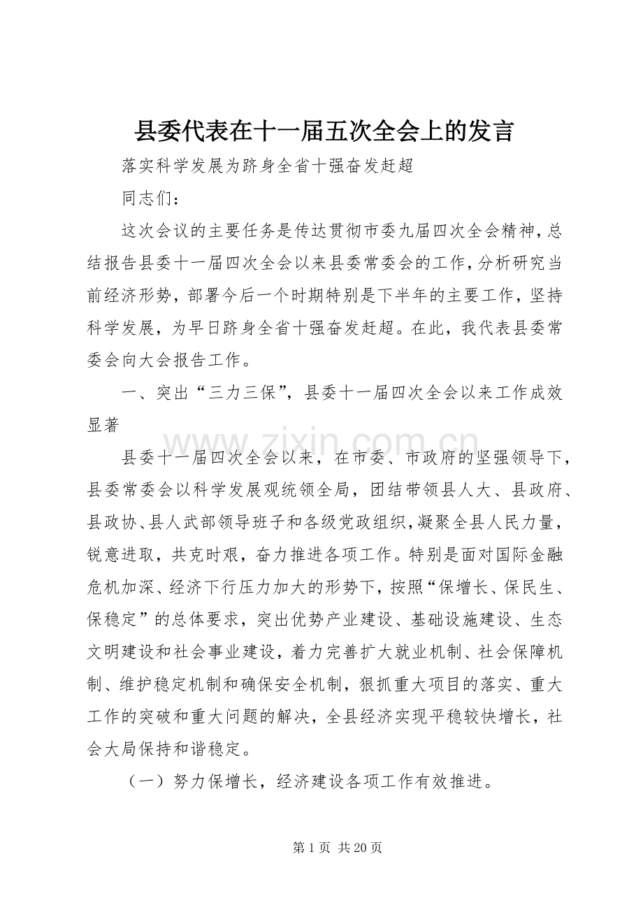 县委代表在十一届五次全会上的发言.docx_第1页